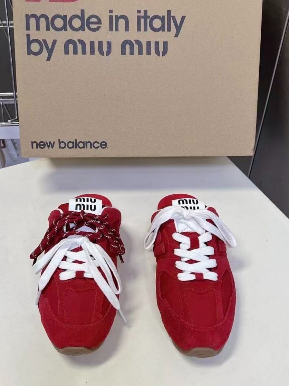 New Balance × Miu Miu 530 SL Red Suede Mule Sandals